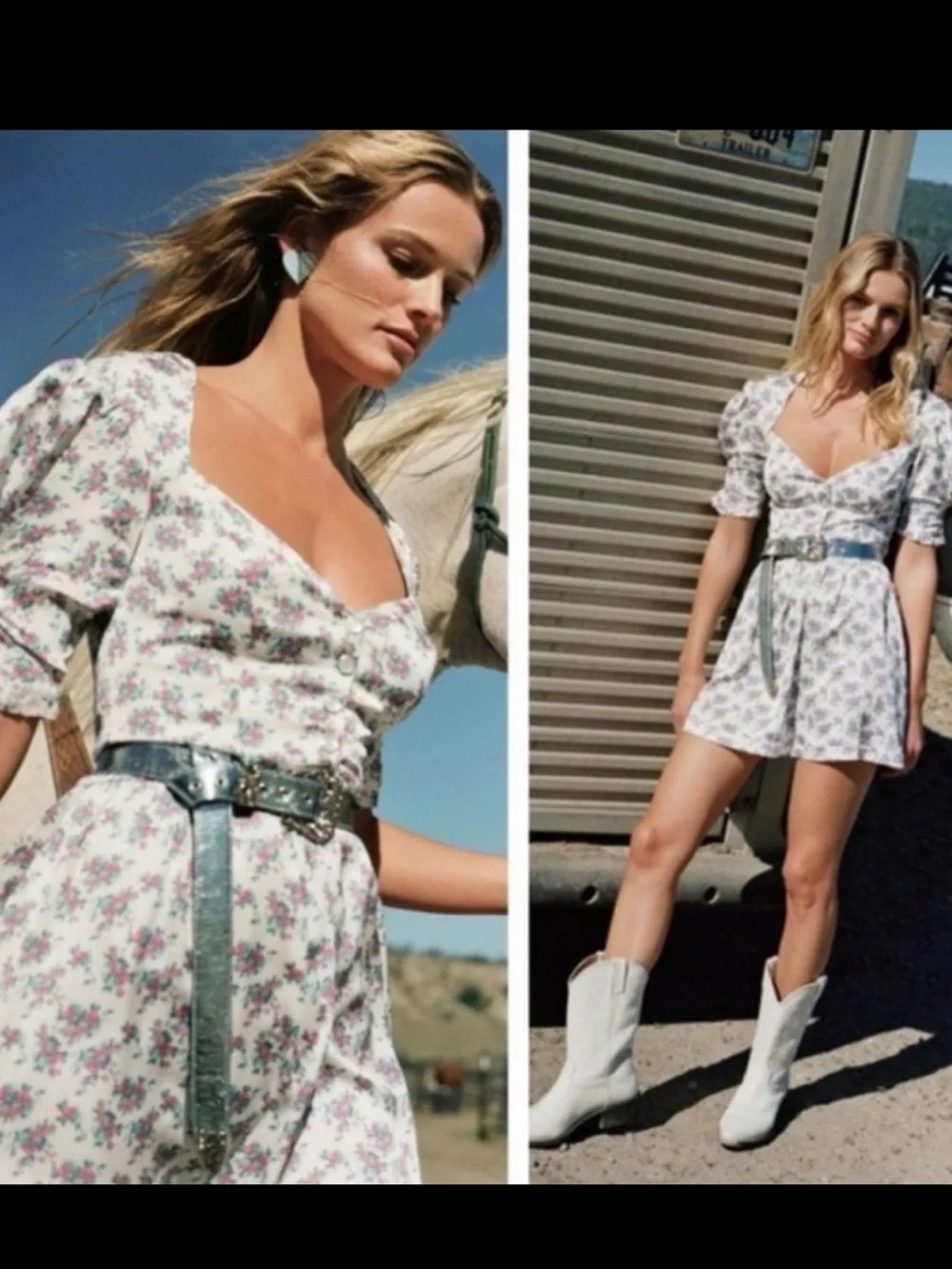 For love & lemons Floral Puff-Sleeve Mini Dress in White and Pink - Picture 1 of 8